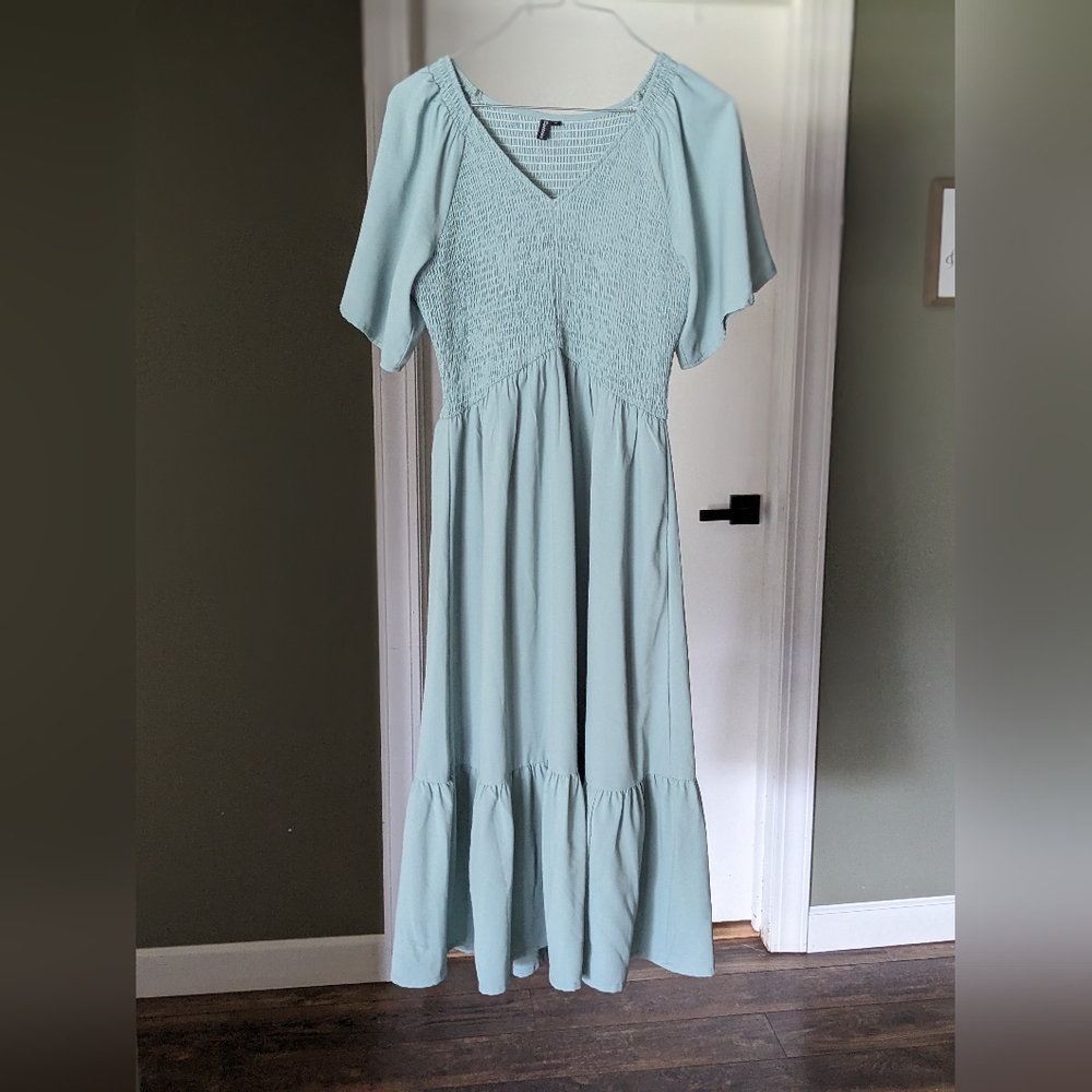 Summer Dress Short Flutter Sleeve V Neck Smocked Ruffle Casual Tiered Midi Dress